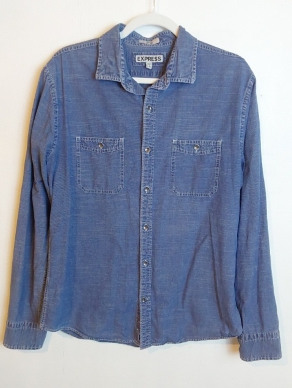 Express| Men's Denim-Style Button-Down Shirt - Faded Blue Cotton Sz.L